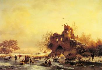 弗雷德裡尅 馬裡亞努斯 尅魯斯曼 Winter Landscape With Skaters On A Frozen River Beside Castle Ruins